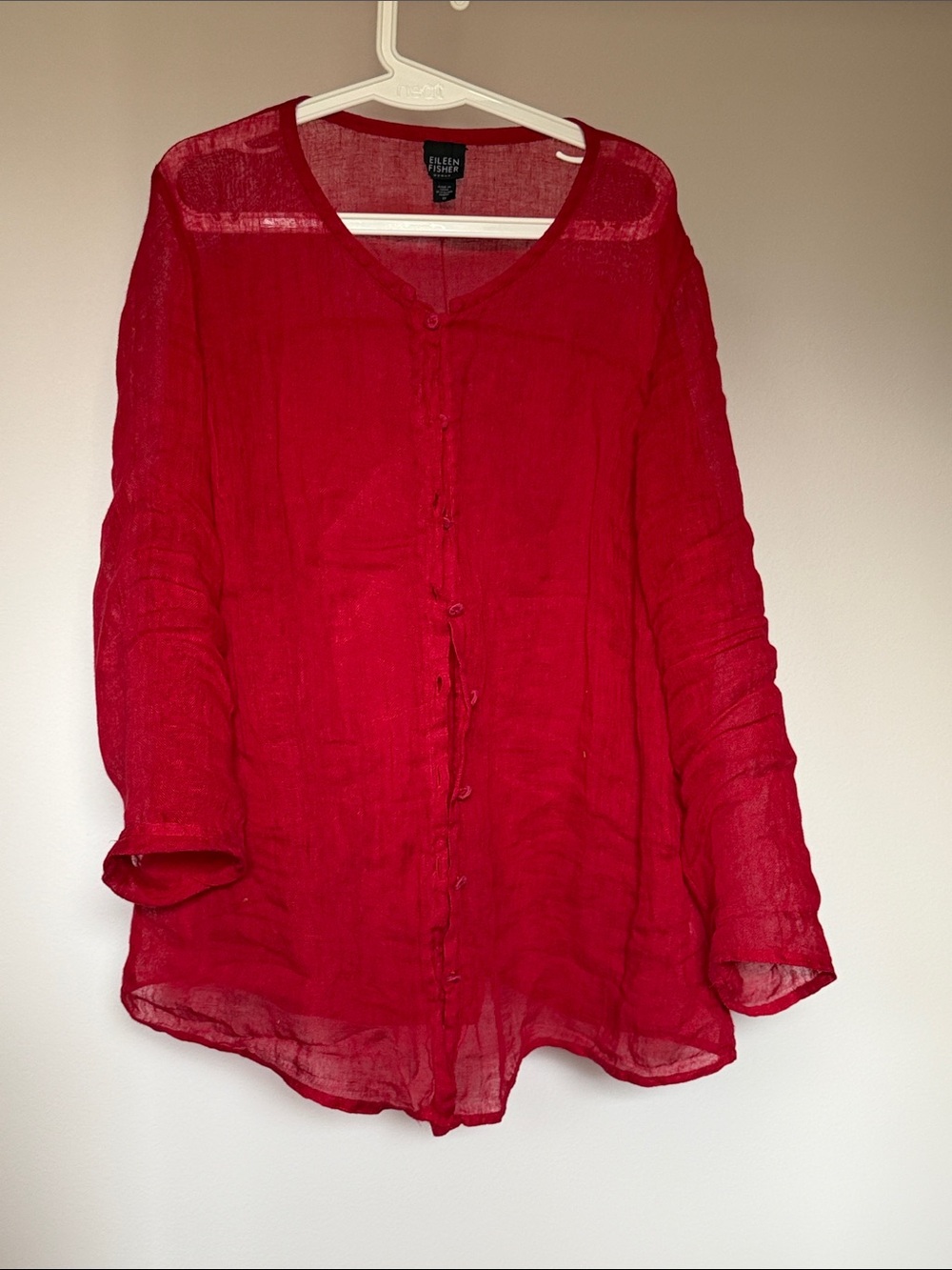 Eileen Fisher Vibrant Red Button-Front Linen Blouse